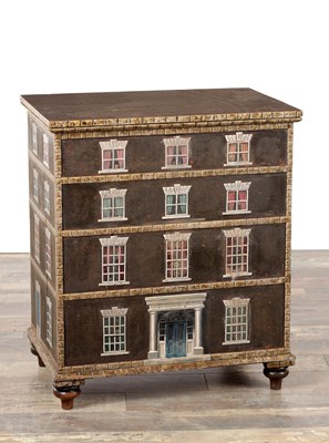 Lot 1543 - A 19TH CENTURY AND LATER PAINTED WOOD LIDDED BOX DECORATED AS A COUNTRY HOUSE