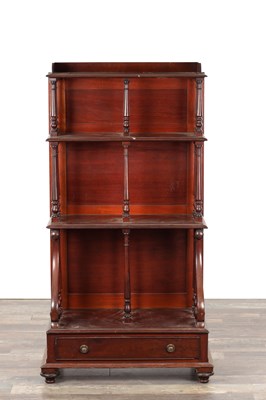 Lot 1551 - A WILLIAM IV PLUM PUDDING MAHOGANY WATERFALL OPEN BOOKCASE IN THE MANNER OF GILLOWS WITH BASE DRAWER