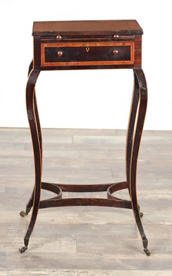 Lot 1552 - A GEORGE III HAREWOOD AND AMBOYNA WORK SIDE TABLE