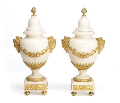 Lot 1066 - A PAIR OF LATE 19TH CENTURY FRENCH CARRARA MARBLE AND ORMOLU MOUNTED CASSOLETTES