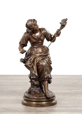 Lot 1058 - MARCEL DEBUT A LATE 19TH CENTURY FRENCH PATINATED BRONZE FIGURE OF A SEATED GIRL WITH DISTAFF