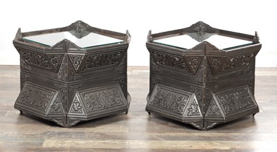 Lot 1439 - A PAIR OF LATE 19TH CENTURY AESTHETIC PERIOD POLISHED CAST IRON JARDINIERE STANDS