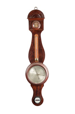 Lot 1328 - AN EARLY 19TH CENTURY MAHOGANY WHEEL BAROMETER WITH WOODEN BEZEL