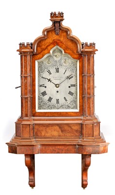 Lot 1330 - A VICTORIAN BURR WALNUT THREE TRAIN BRACKET CLOCK WITH WALL BRACKET