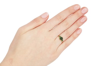 Lot A 9CT YELLOW GOLD RUSSIAN TOURMALINE THREE-STONE RING