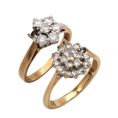 Lot 224 - TWO 9CT YELLOW GOLD AND DIAMOND CLUSTER RINGS