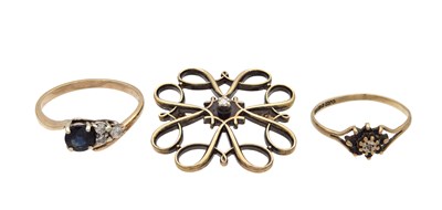 Lot 326 - TWO 9CT YELLOW GOLD SAPPHIRE AND DIAMOND RINGS WITH A 9CT GOLD AND DIAMOND BROOCH