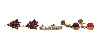 Lot 346 - THREE PAIRS OF 9CT AND 14CT GOLD DIAMOND AND GARNET EARRINGS