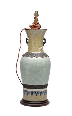 Lot 413 - A 19TH CENTURY CHINESE NANKING CRACKLE GLAZED CELADON PORCELAIN VASE CONVERTED TO A LAMP ON WOOD STAND
