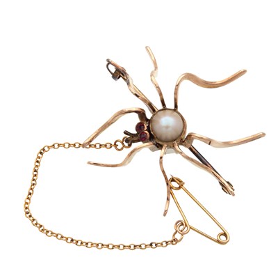 Lot 275 - A 14CT ROSE GOLD PEARL AND RUBY SPIDER BROOCH