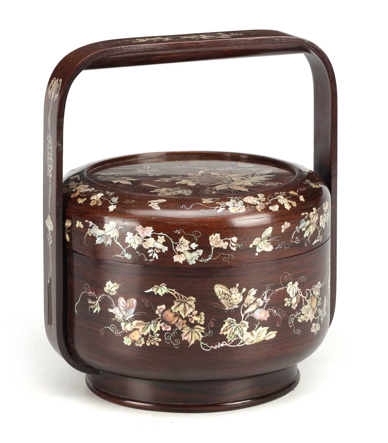 Lot 518 - A LARGE CHINESE ROSEWOOD AND MOTHER-OF-PEARL INLAID "BAKUL SIAH" WEDDING BASKET