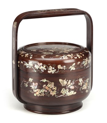 Lot 518 - A LARGE CHINESE ROSEWOOD AND MOTHER-OF-PEARL INLAID "BAKUL SIAH" WEDDING BASKET