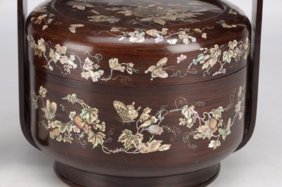 Lot 518 - A LARGE CHINESE ROSEWOOD AND MOTHER-OF-PEARL INLAID "BAKUL SIAH" WEDDING BASKET