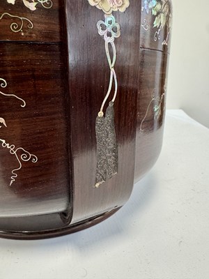 Lot 518 - A LARGE CHINESE ROSEWOOD AND MOTHER-OF-PEARL INLAID "BAKUL SIAH" WEDDING BASKET