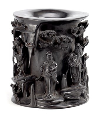 Lot 583 - A CHINESE CARVED HARDWOOD BRUSH POT WITH IMMORTALS IN LANDSCAPE