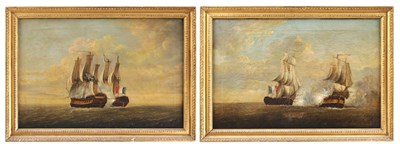 Lot 723 - A PAIR OF EARLY 19TH CENTURY OILS ON CANVAS NAVAL ENGAGEMENTS