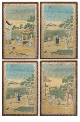 Lot 440 - A SET OF FOUR 19TH CENTURY CHINESE WATERCOLOUR AND GOUACHE WALLPAPER PANELS