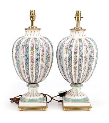 Lot 48 - A PAIR OF 20TH CENTURY SEVRES STYLE PORCELAIN ELECTRIC TABLE LAMPS