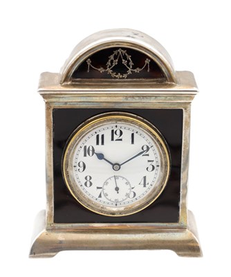 Lot 1307 - A GEORGE V ENGLISH SILVER AND TORTOISESHELL MANTEL TIMEPIECE