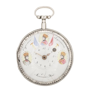 Lot 1162 - A SILVER CONSULAR CASE VERGE POCKET WATCH WITH PAINTED DIAL DEPICTING THREE CROWNED PORTRAITS