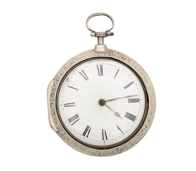 Lot 1134 - A GEORGIAN ENGLISH SILVER PAIR CASE POCKET WATCH WITH REPOUSSÉ BACK