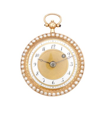 Lot 1118 - AN 18CT GOLD PEARL-SET OPENFACE POCKET WATCH WITH BLUE ENAMEL BACK