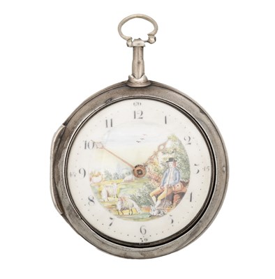 Lot 1159 - A GEORGIAN ENGLISH SILVER PAIR CASE VERGE POCKET WATCH BY THOMAS HUNDINARCH WITH PAINTED DIAL