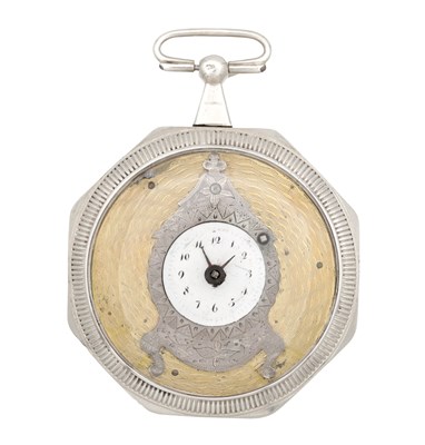 Lot 1131 - A SILVER VERGE POCKET WATCH WITH EROTIC SCENE ON MOVEMENT AND PENDULUM ON BACK