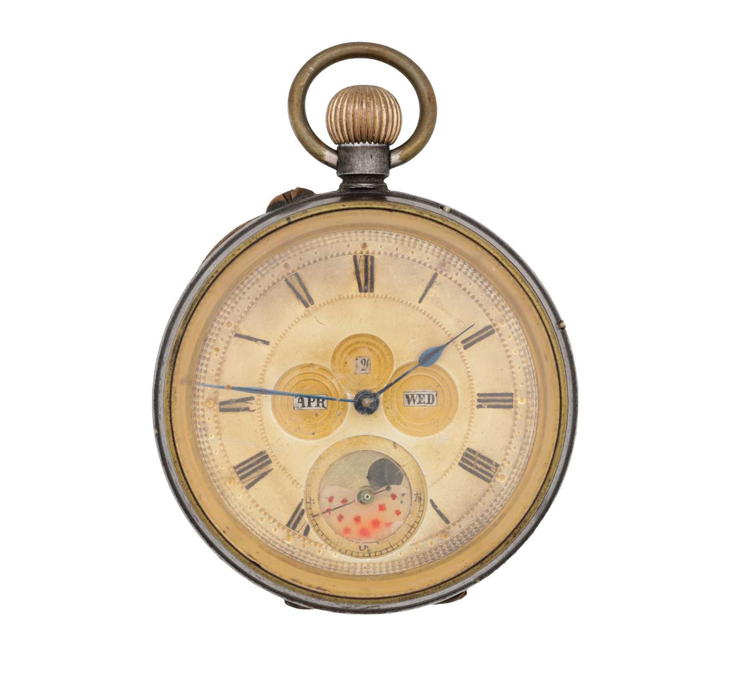 Lot 1121 - A GUNMETAL OPEN FACE CALENDAR MOONPHASE POCKET WATCH