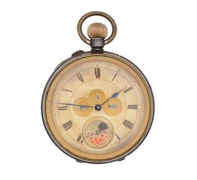 Lot 1121 - A GUNMETAL OPEN FACE CALENDAR MOONPHASE POCKET WATCH