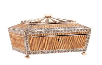 Lot 547 - A 19TH CENTURY ANGLO-INDIAN VIZAGAPATAM PORCUPINE QUILL AND ENGRAVED BONE TEA CADDY