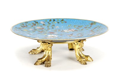 Lot 574 - A MEIJI PERIOD JAPANESE CLOISONNE ENAMEL DISH ON ORMOLU STAND