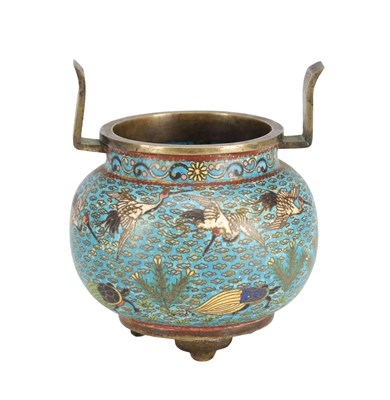 Lot 397 - A 19TH CENTURY CHINESE CLOISONNE ENAMEL CENSER WITH UPRIGHT HANDLES