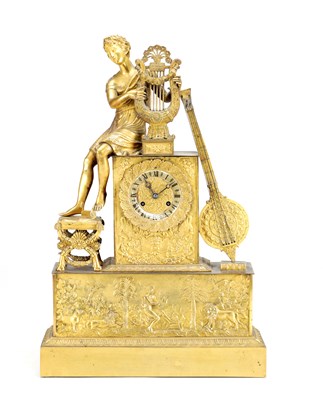 Lot 1257 - A 19TH CENTURY FRENCH GILT BRONZE FIGURAL EIGHT-DAY MANTEL CLOCK