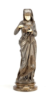 Lot 1001 - ALBERT-ERNEST CARRIER-BELLEUSE (1824 - 1887) A 19TH CENTURY FRENCH SILVERED BRONZE AND CARVED IVORY FIGURE