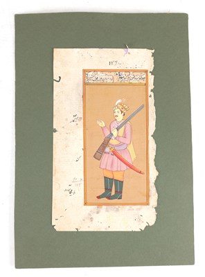 Lot 490 - A PERSIAN GOUACHE MINIATURE PAINTING OF A NOBLEMAN WITH MATCHLOCK