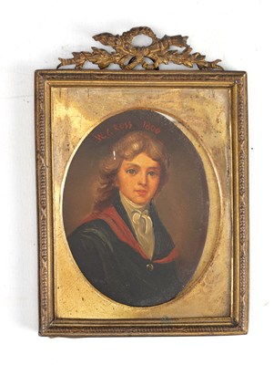 Lot 726 - A CIRCA 1800 ENGLISH MINIATURE ON TIN PORTRAIT IN A GILT-METAL FRAME