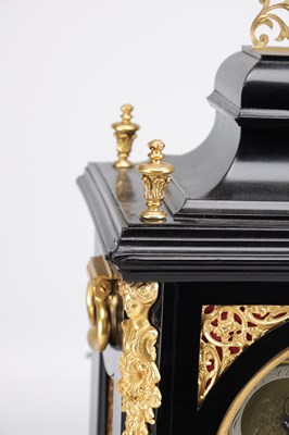Lot 1234 - A GEORGE III EBONISED AND ORMOLU MOUNTED MUSICAL VERGE BRACKET CLOCK