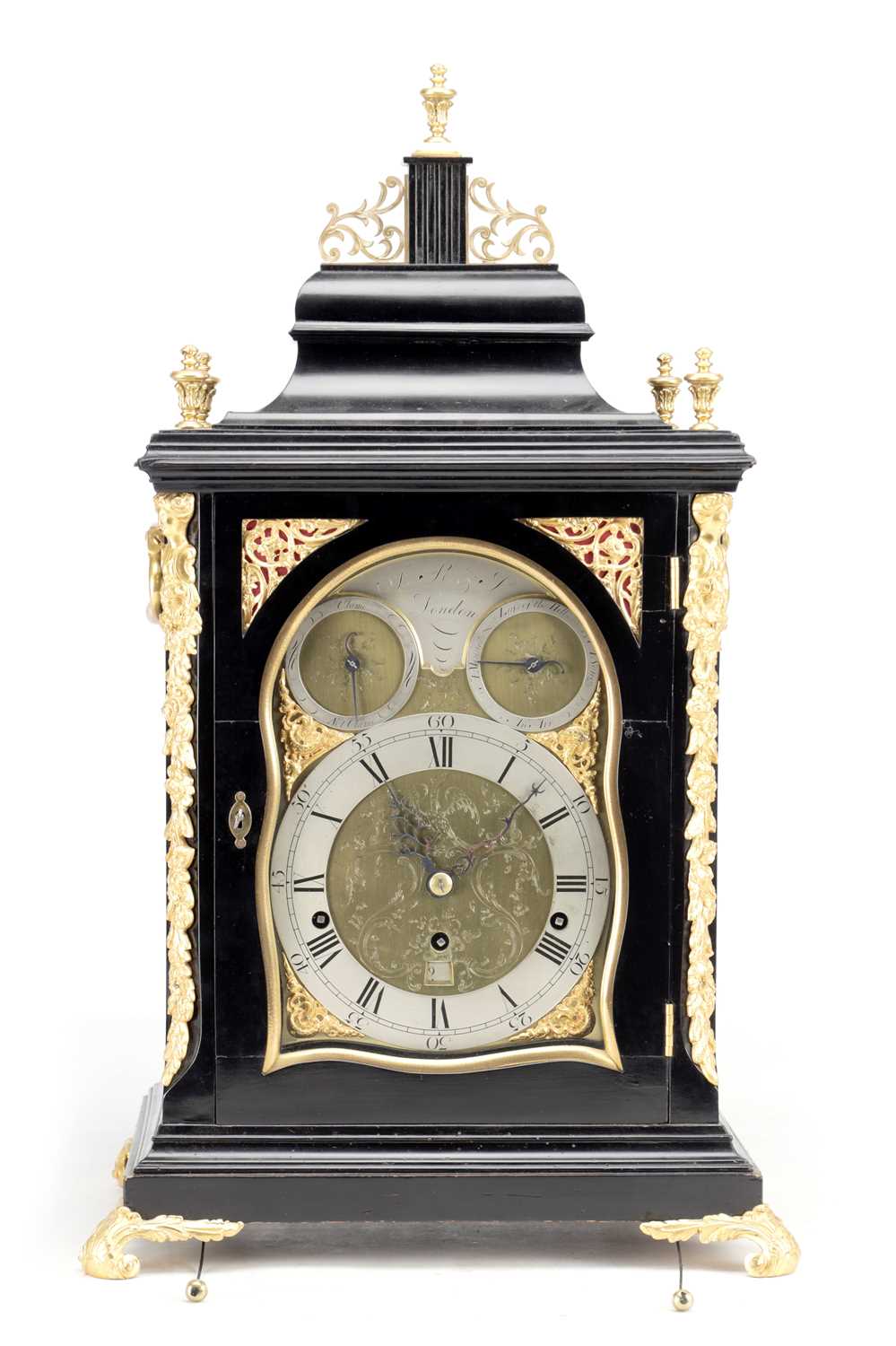 Lot 1234 - A GEORGE III EBONISED AND ORMOLU MOUNTED MUSICAL VERGE BRACKET CLOCK