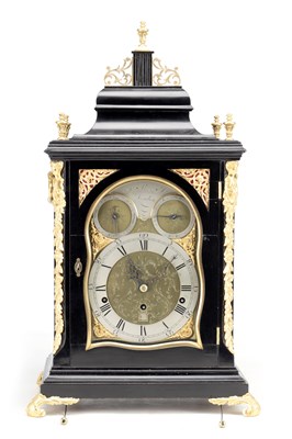 Lot 1234 - A GEORGE III EBONISED AND ORMOLU MOUNTED MUSICAL VERGE BRACKET CLOCK