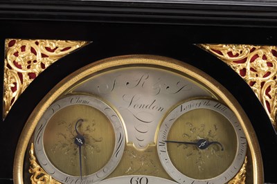Lot 1234 - A GEORGE III EBONISED AND ORMOLU MOUNTED MUSICAL VERGE BRACKET CLOCK