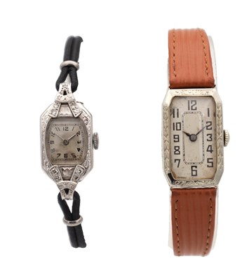 Lot 1125 - TWO VINTAGE 14CT WHITE GOLD AND PLATINUM AND DIAMOND LADIES' WRIST WATCHES