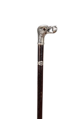 Lot 842 - A LATE 19TH CENTURY FRENCH SILVERED BRONZE WALKING STICK WITH BIRD'S HEAD HANDLE