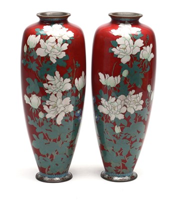 Lot 611 - A PAIR OF JAPANESE MEIJI PERIOD CLOISONNE ENAMEL CABINET VASES