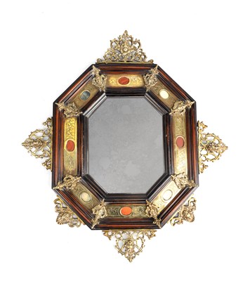 Lot 1569 - A 19TH CENTURY ITALIAN WALNUT AND BRASS MOUNTED RENAISSANCE REVIVAL HANGING MIRROR INSET WITH SPECIMEN MARBLE MEDALLIONS