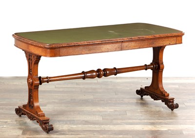 Lot 1389 - A LATE 19TH CENTURY ENGLISH POLLARD OAK WRITING TABLE IN THE MANNER OF GILLOWS