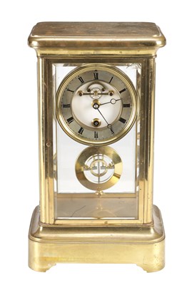 Lot 1350 - A LATE 19TH CENTURY FRENCH BRASS YEAR-GOING FOUR-GLASS REGULATOR CLOCK WITH VISIBLE BROCOT ESCAPEMENT
