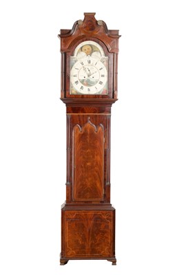 Lot 1242 - ROBERT BOLTON, WIGAN. AN EARLY 19TH CENTURY ENGLISH FIGURED MAHOGANY EIGHT-DAY LONGCASE CLOCK WITH PAINTED MOONPHASE DIAL