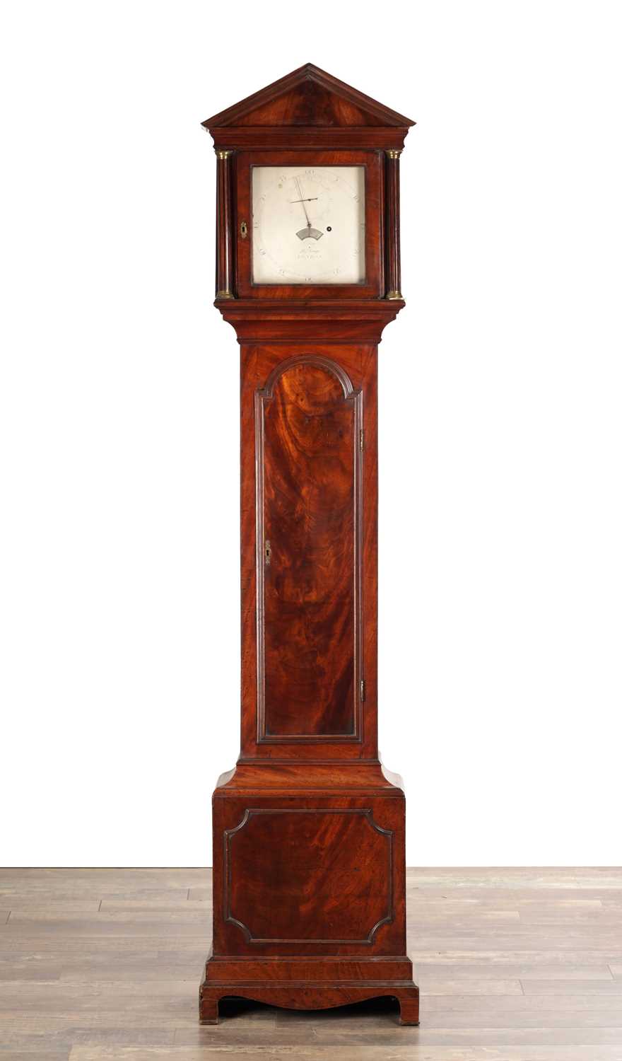 Lot 1281 - A GEORGE III FIGURED MAHOGANY REGULATOR LONGCASE CLOCK BY EVANS, ROYAL EXCHANGE, LONDON WITH 10 INCH SILVERED DIAL