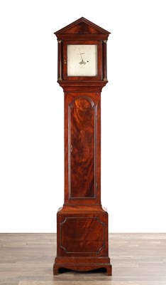 Lot 1281 - A GEORGE III FIGURED MAHOGANY REGULATOR LONGCASE CLOCK BY EVANS, ROYAL EXCHANGE, LONDON WITH 10 INCH SILVERED DIAL